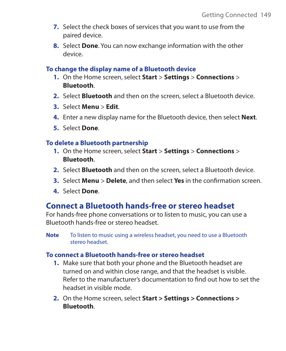 Connect a bluetooth hands-free or stereo headset | HTC KII0160 User Manual | Page 149 / 212