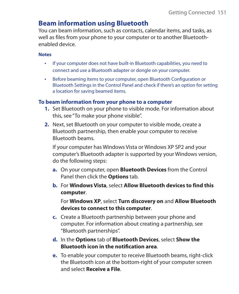 Beam information using bluetooth | HTC KII0160 User Manual | Page 151 / 212