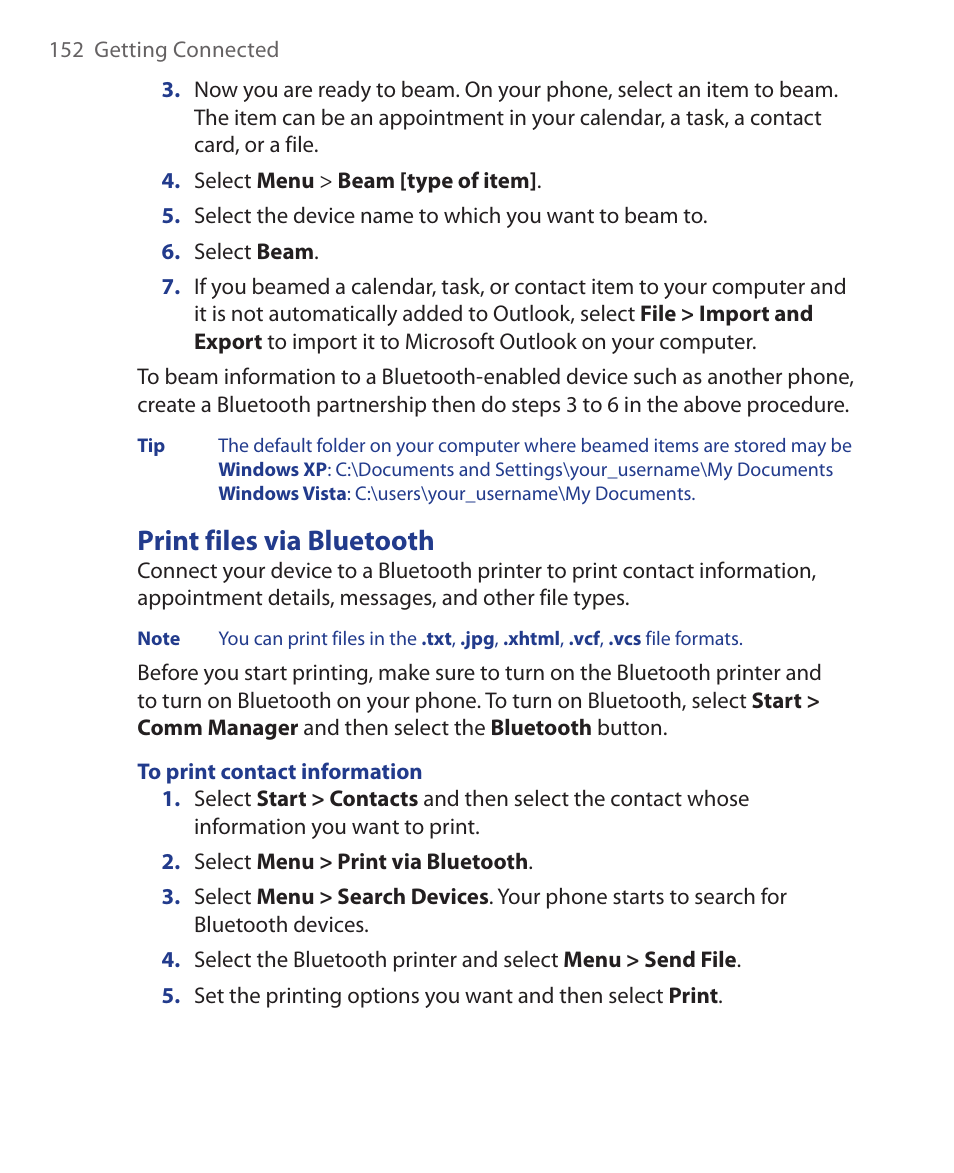 Print files via bluetooth | HTC KII0160 User Manual | Page 152 / 212