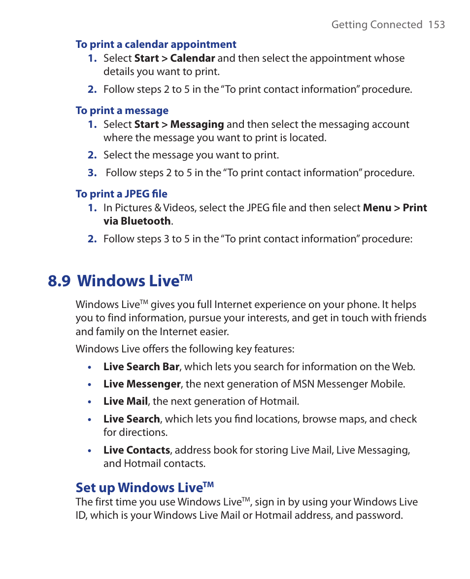 9 windows livetm, Set up windows livetm, 9 windows live | Set up windows live | HTC KII0160 User Manual | Page 153 / 212