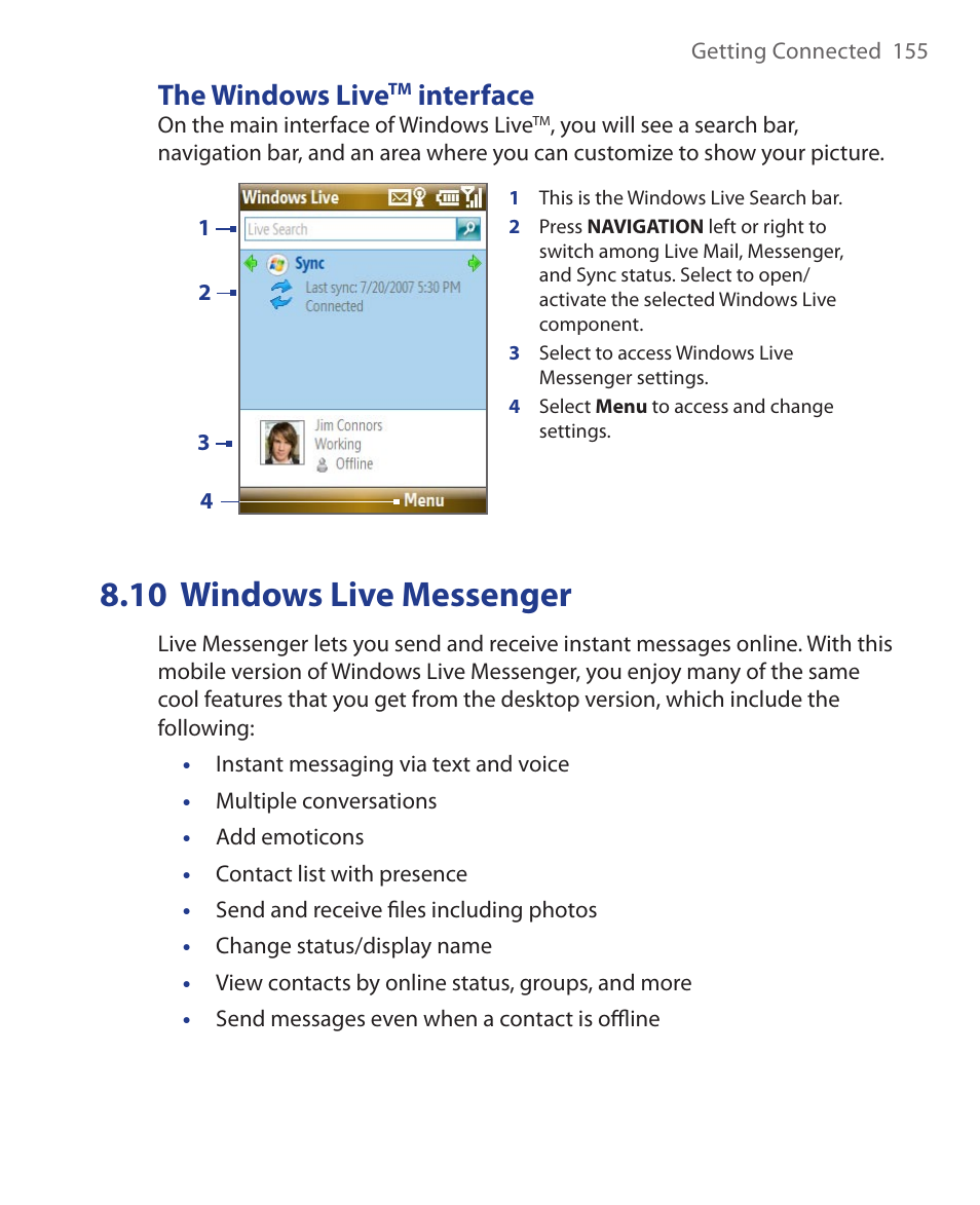 The windows livetm interface, 10 windows live messenger, The windows live | Interface | HTC KII0160 User Manual | Page 155 / 212