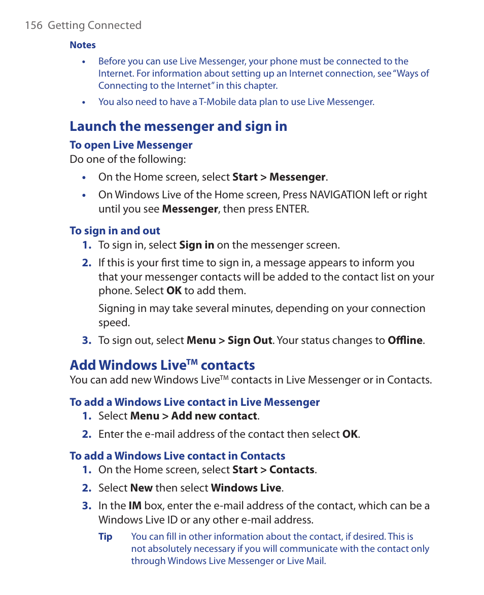 Launch the messenger and sign in, Add windows livetm contacts, Launch the messenger and sign in add windows live | Contacts, Add windows live | HTC KII0160 User Manual | Page 156 / 212