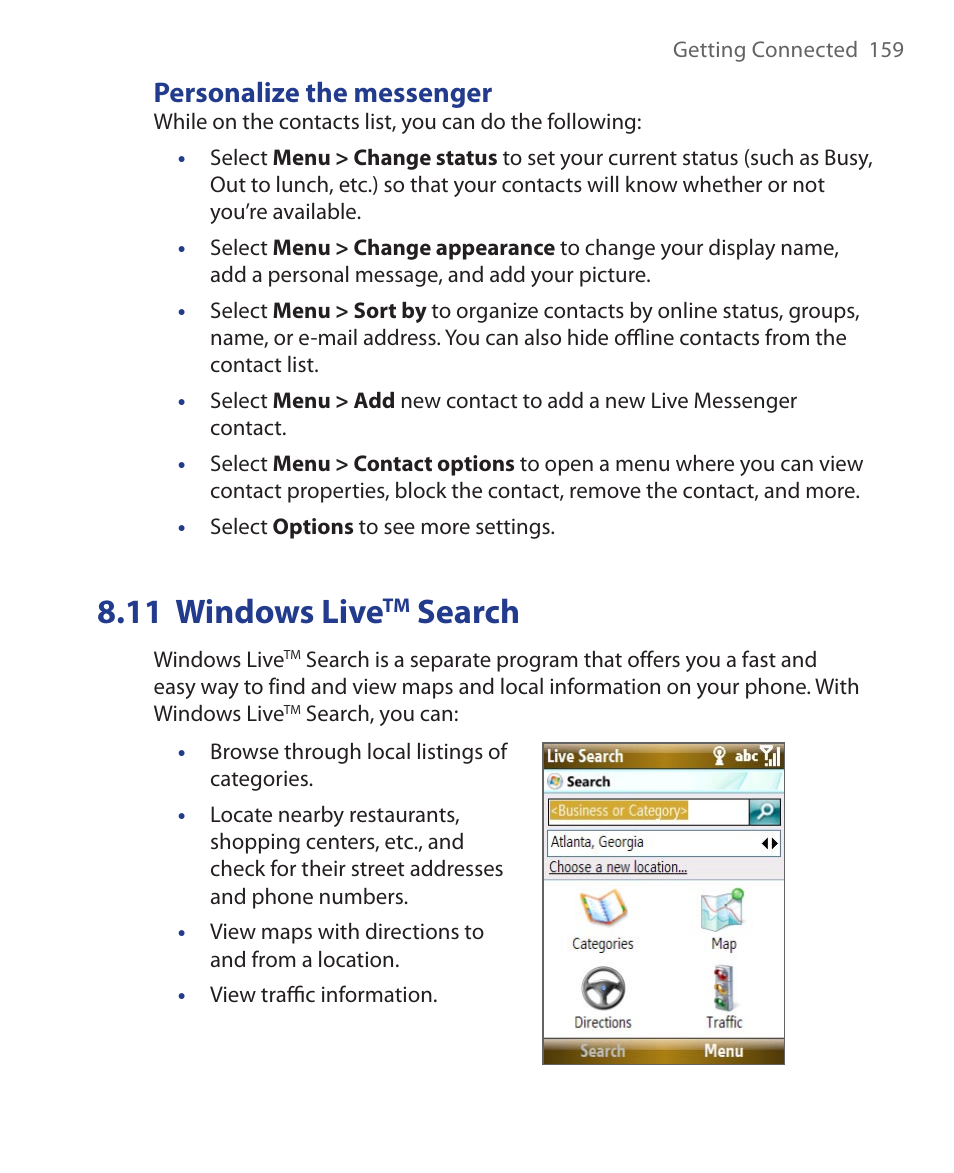 Personalize the messenger, 11 windows livetm search, 11 windows live | Search | HTC KII0160 User Manual | Page 159 / 212