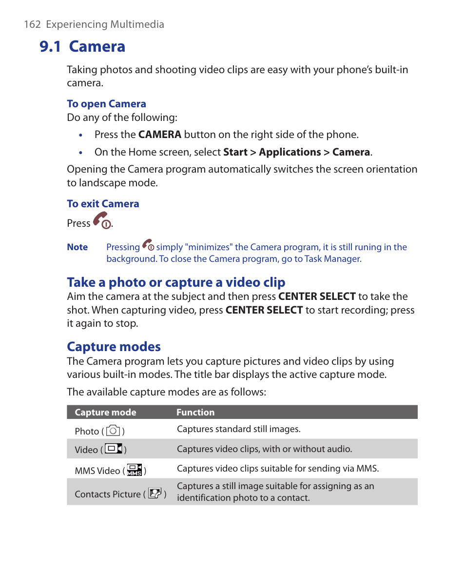 1 camera, Take a photo or capture a video clip, Capture modes | Take a photo or capture a video clip capture modes | HTC KII0160 User Manual | Page 162 / 212