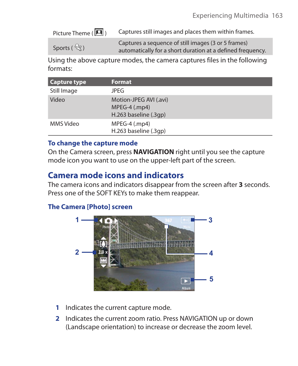 Camera mode icons and indicators | HTC KII0160 User Manual | Page 163 / 212