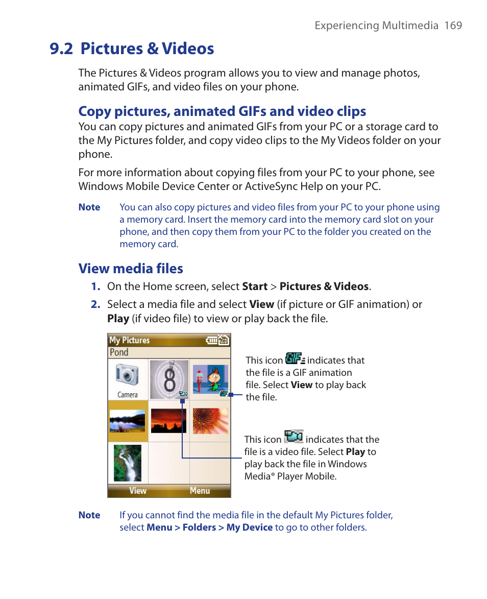 2 pictures & videos, Copy pictures, animated gifs and video clips, View media files | HTC KII0160 User Manual | Page 169 / 212