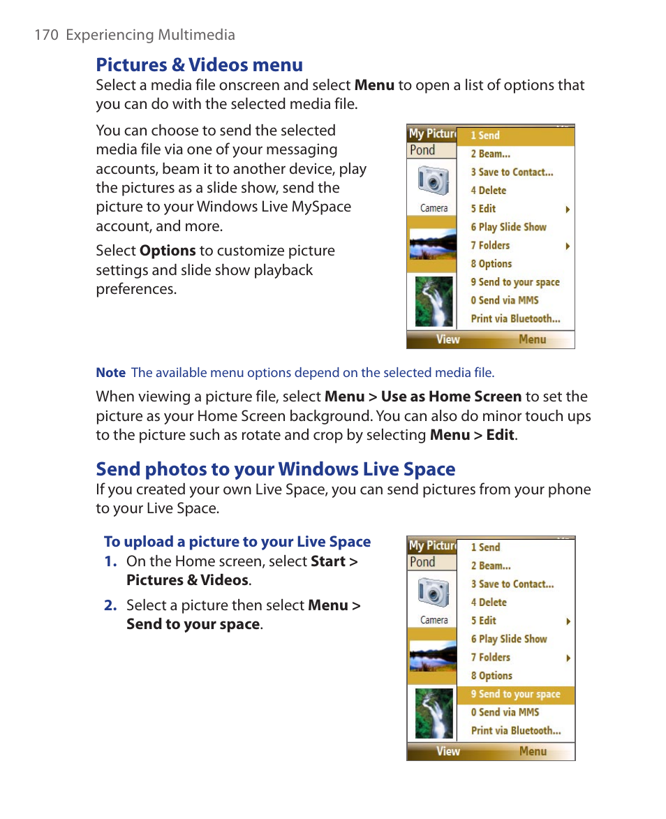 Pictures & videos menu, Send photos to your windows live space | HTC KII0160 User Manual | Page 170 / 212