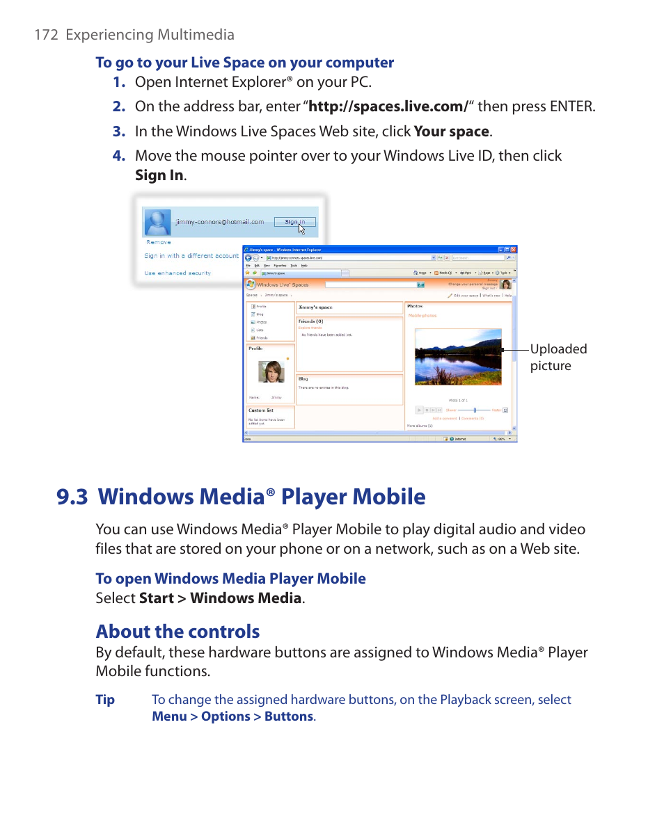 3 windows media® player mobile, About the controls | HTC KII0160 User Manual | Page 172 / 212