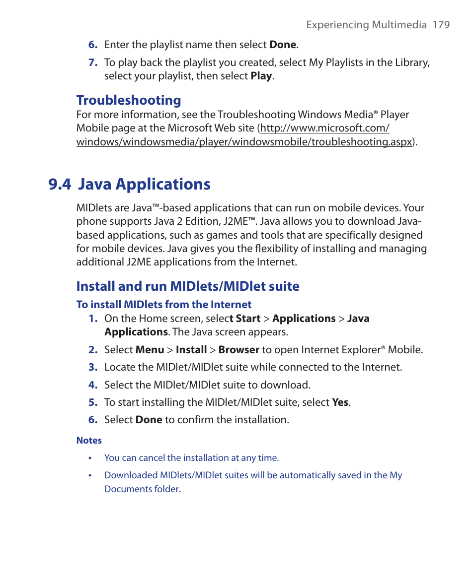 Troubleshooting, 4 java applications, Install and run midlets/midlet suite | HTC KII0160 User Manual | Page 179 / 212