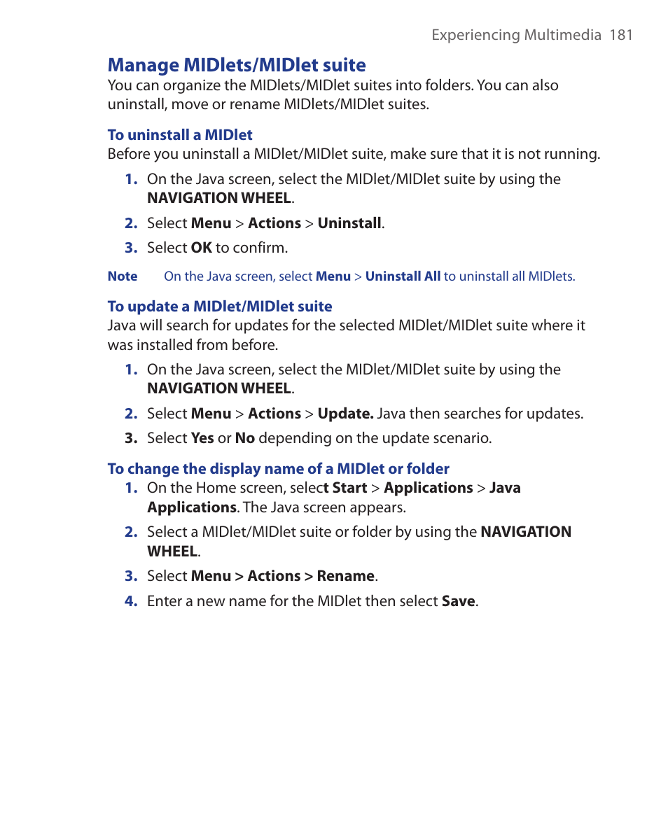 Manage midlets/midlet suite | HTC KII0160 User Manual | Page 181 / 212