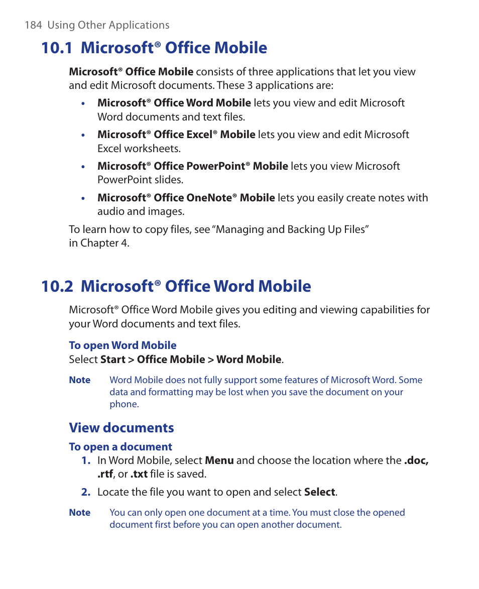 1 microsoft® office mobile, 2 microsoft® office word mobile, View documents | HTC KII0160 User Manual | Page 184 / 212