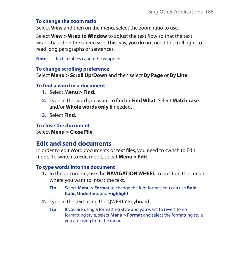 Edit and send documents | HTC KII0160 User Manual | Page 185 / 212