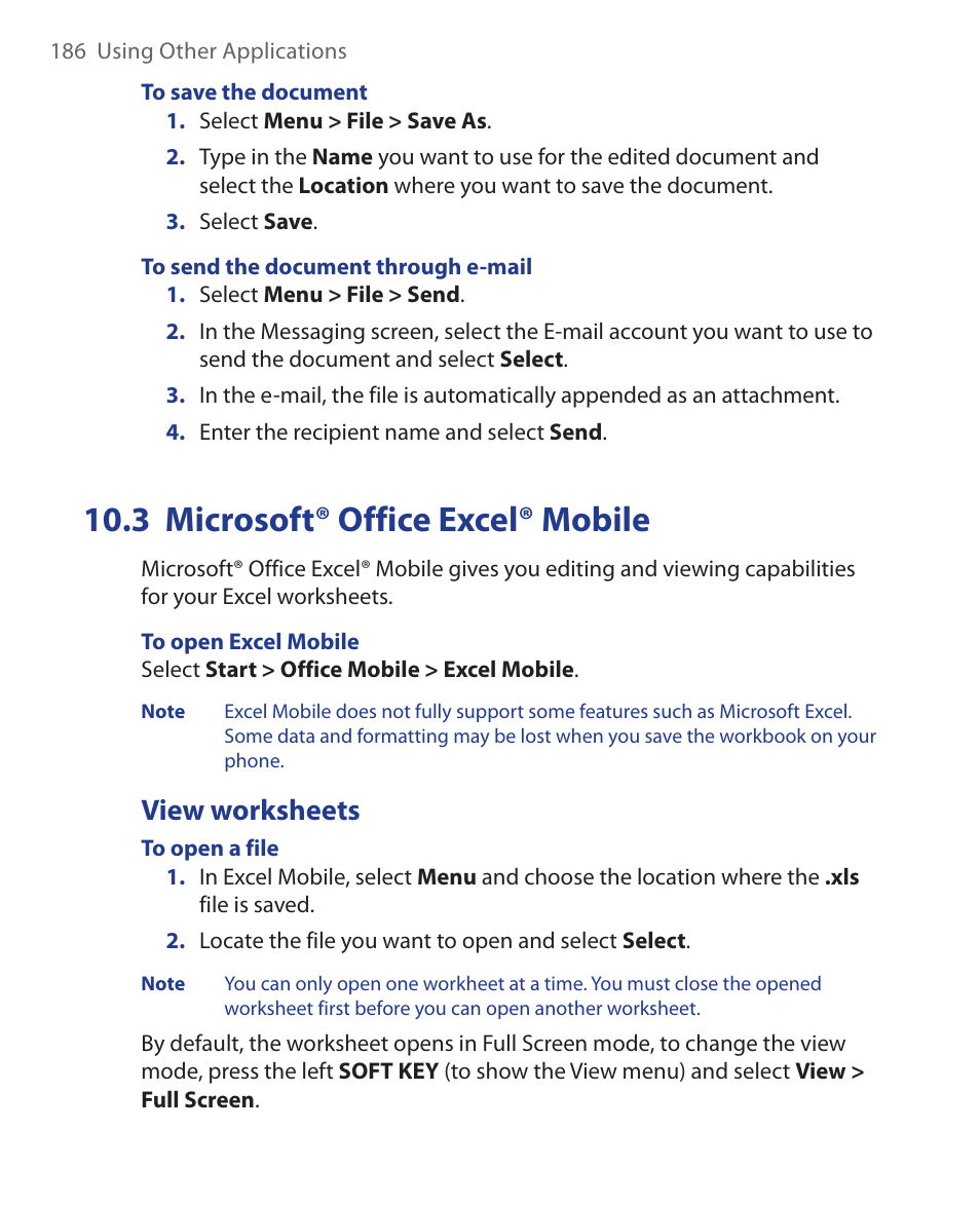 3 microsoft® office excel® mobile, View worksheets | HTC KII0160 User Manual | Page 186 / 212