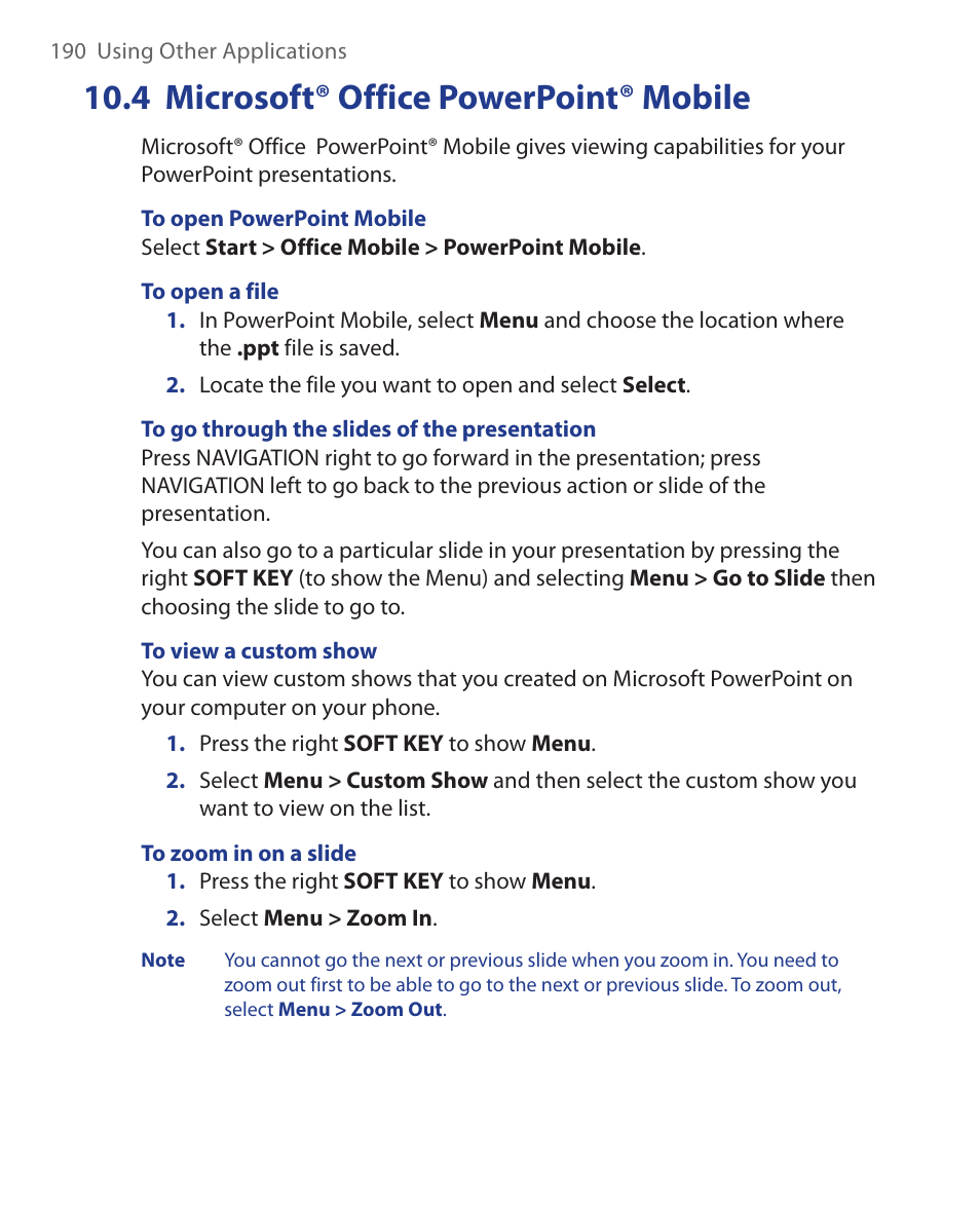 4 microsoft® office powerpoint® mobile | HTC KII0160 User Manual | Page 190 / 212