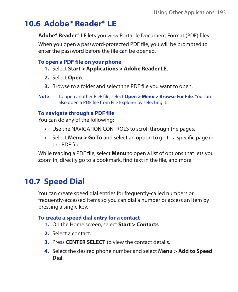 6 adobe® reader® le, 7 speed dial, 6 adobe® reader® le 10.7 speed dial | HTC KII0160 User Manual | Page 193 / 212