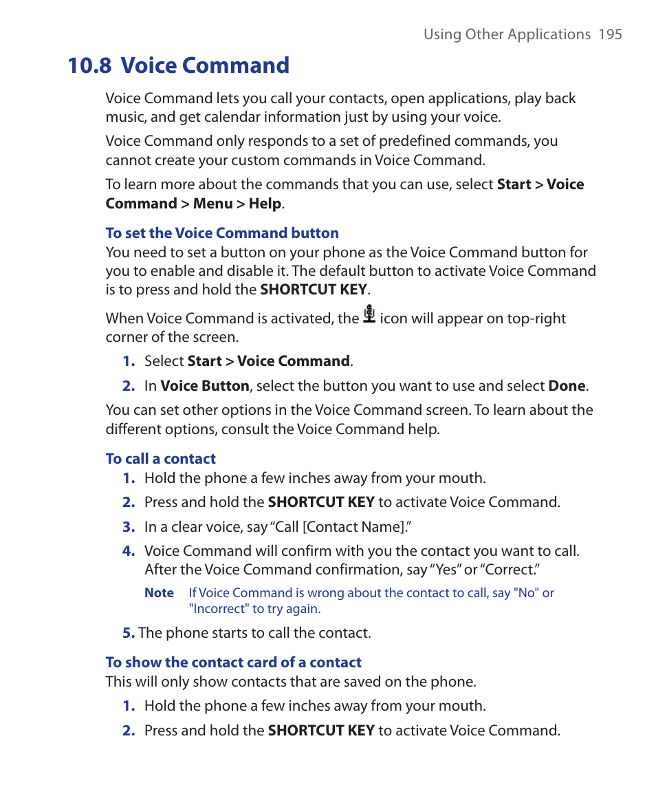 8 voice command | HTC KII0160 User Manual | Page 195 / 212