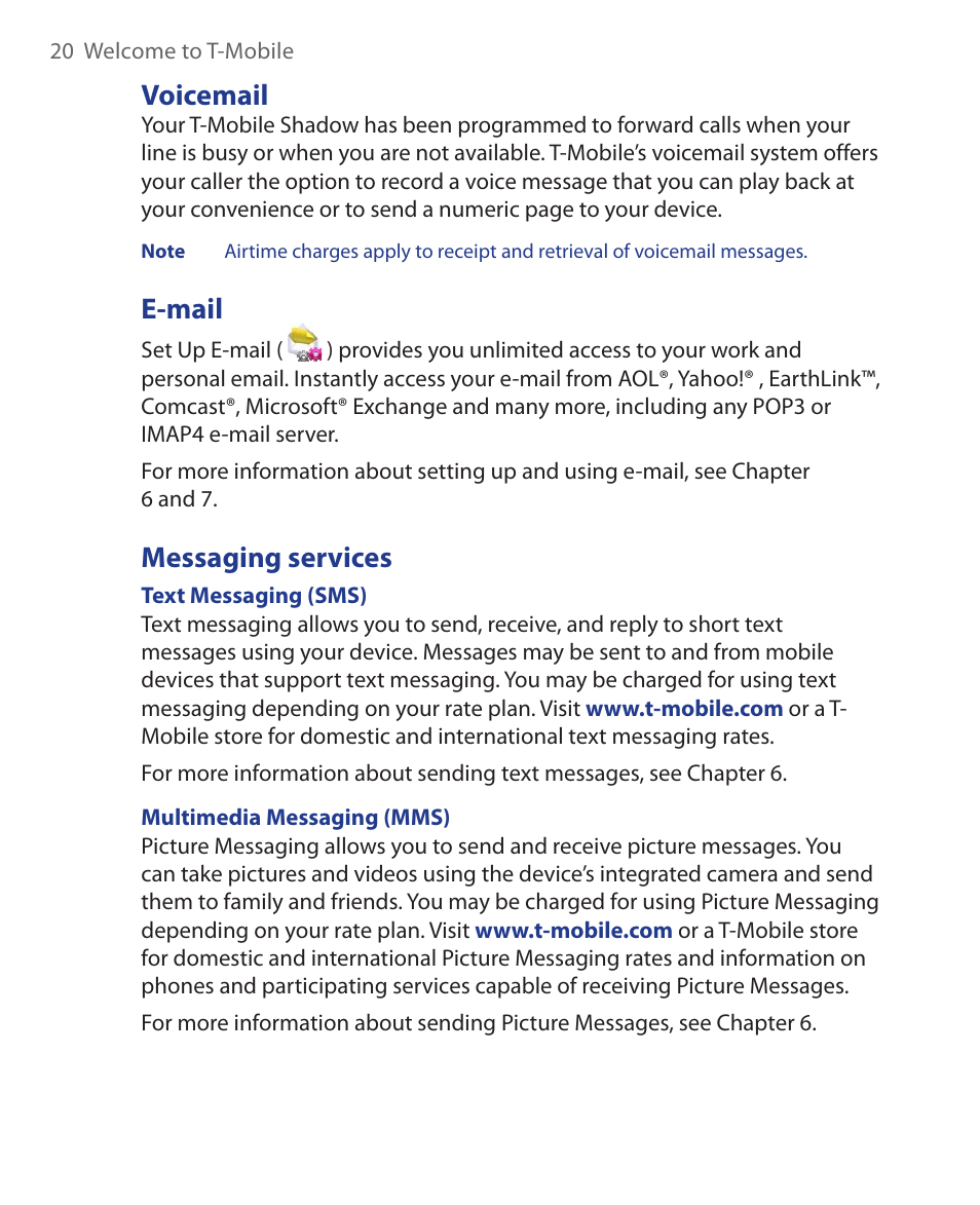 Voicemail, E-mail, Messaging services | Voicemail e-mail messaging services | HTC KII0160 User Manual | Page 20 / 212