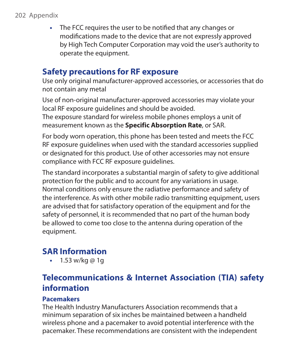 Safety precautions for rf exposure, Sar information | HTC KII0160 User Manual | Page 202 / 212