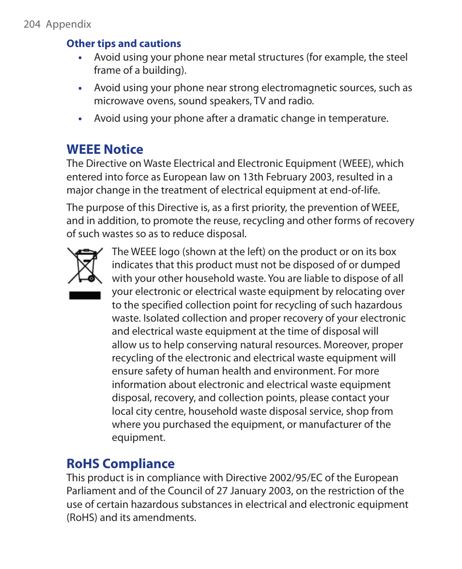 Weee notice, Rohs compliance | HTC KII0160 User Manual | Page 204 / 212