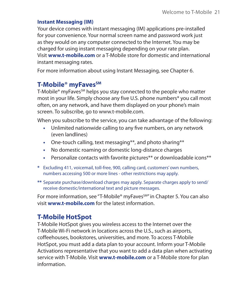 T-mobile® myfavessm, T-mobile hotspot, T-mobile® myfaves | HTC KII0160 User Manual | Page 21 / 212