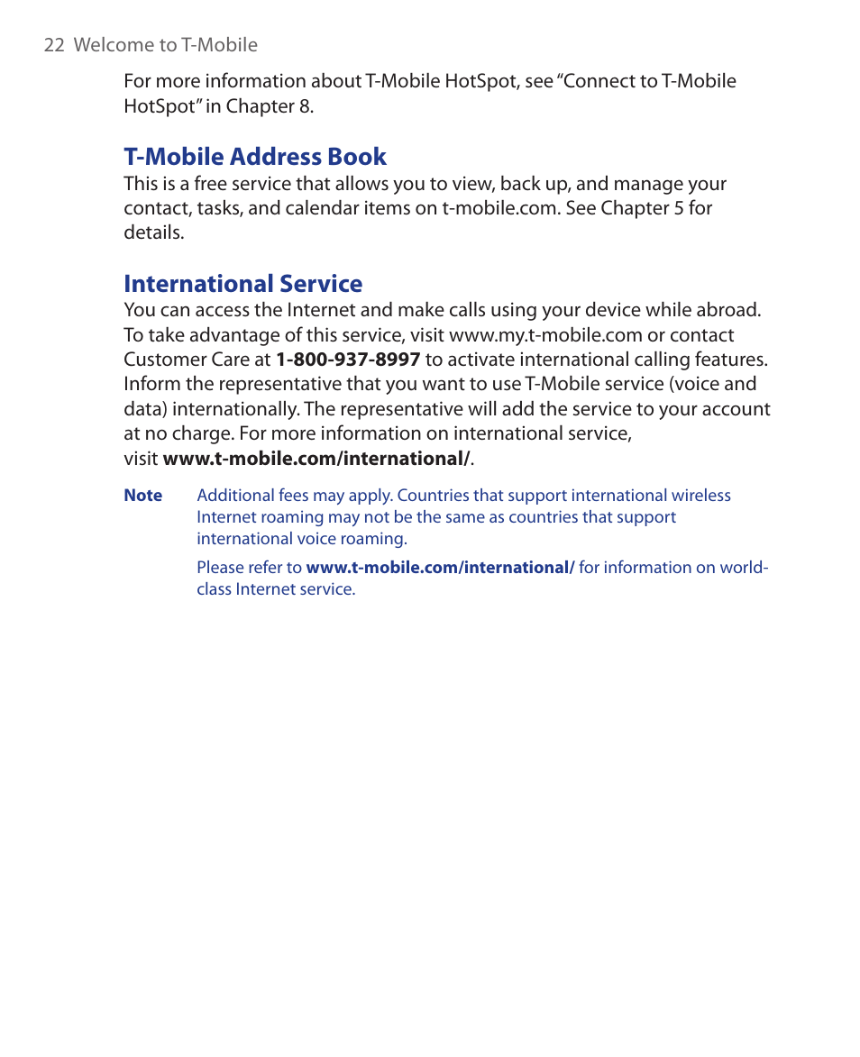 T-mobile address book, International service, T-mobile address book international service | HTC KII0160 User Manual | Page 22 / 212