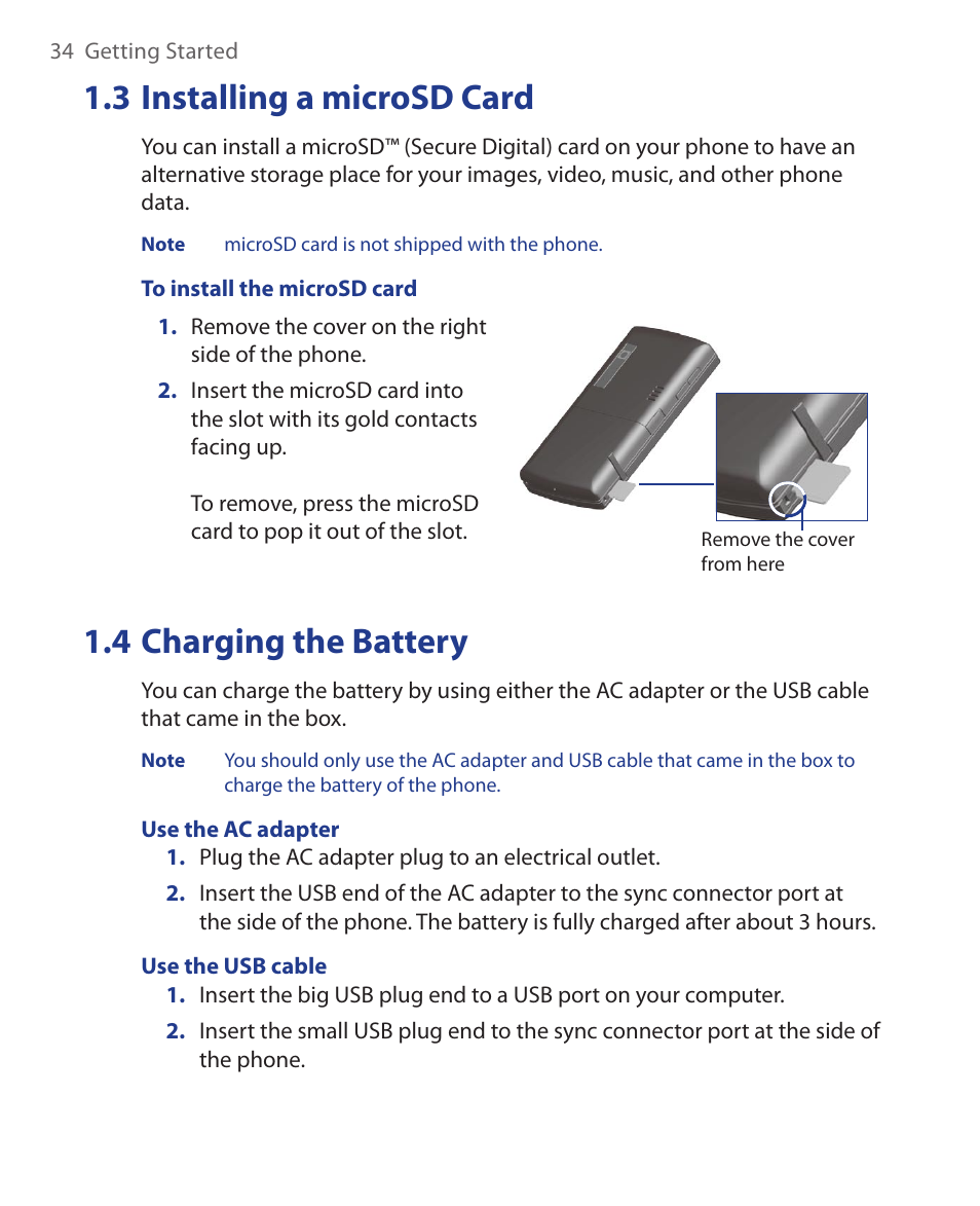 3 installing a microsd card, 4 charging the battery | HTC KII0160 User Manual | Page 34 / 212