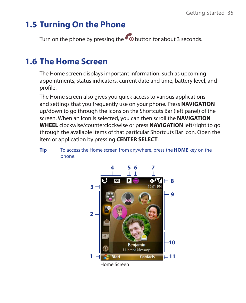 5 turning on the phone, 6 the home screen, 5 turning on the phone 1.6 the home screen | HTC KII0160 User Manual | Page 35 / 212