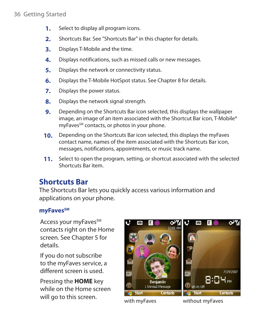 Shortcuts bar | HTC KII0160 User Manual | Page 36 / 212