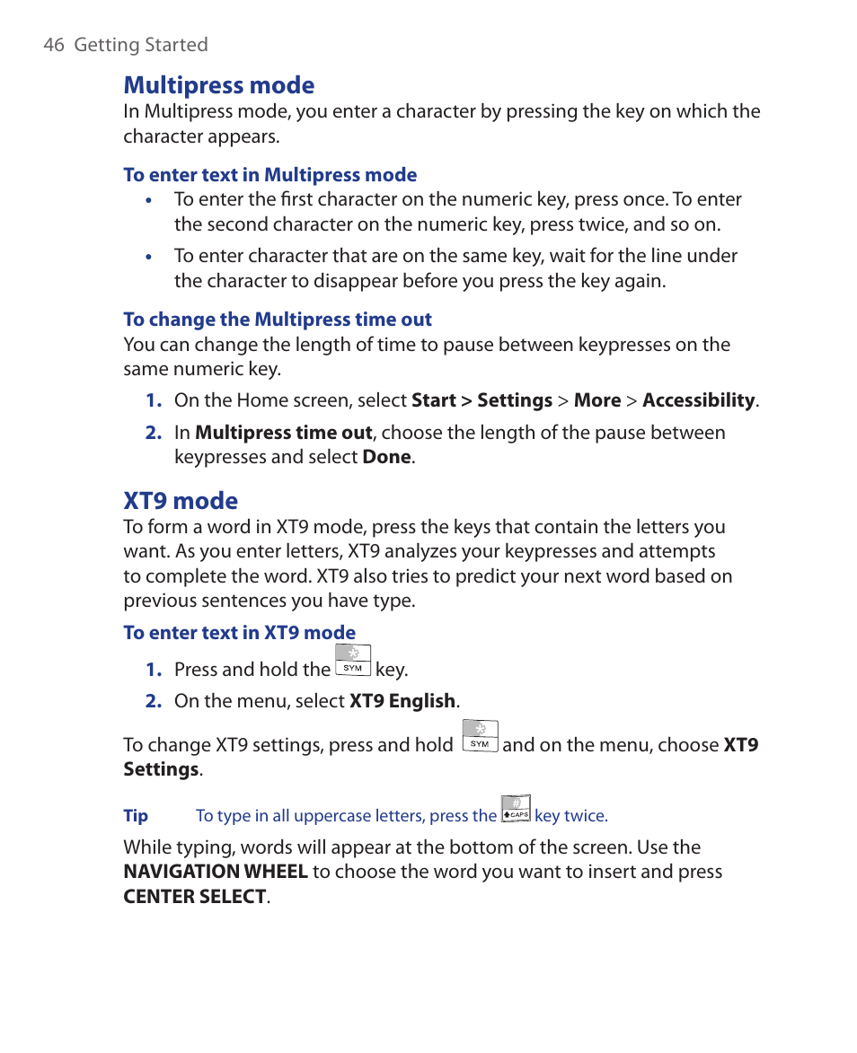 Multipress mode, Xt9 mode, Multipress mode xt9 mode | HTC KII0160 User Manual | Page 46 / 212