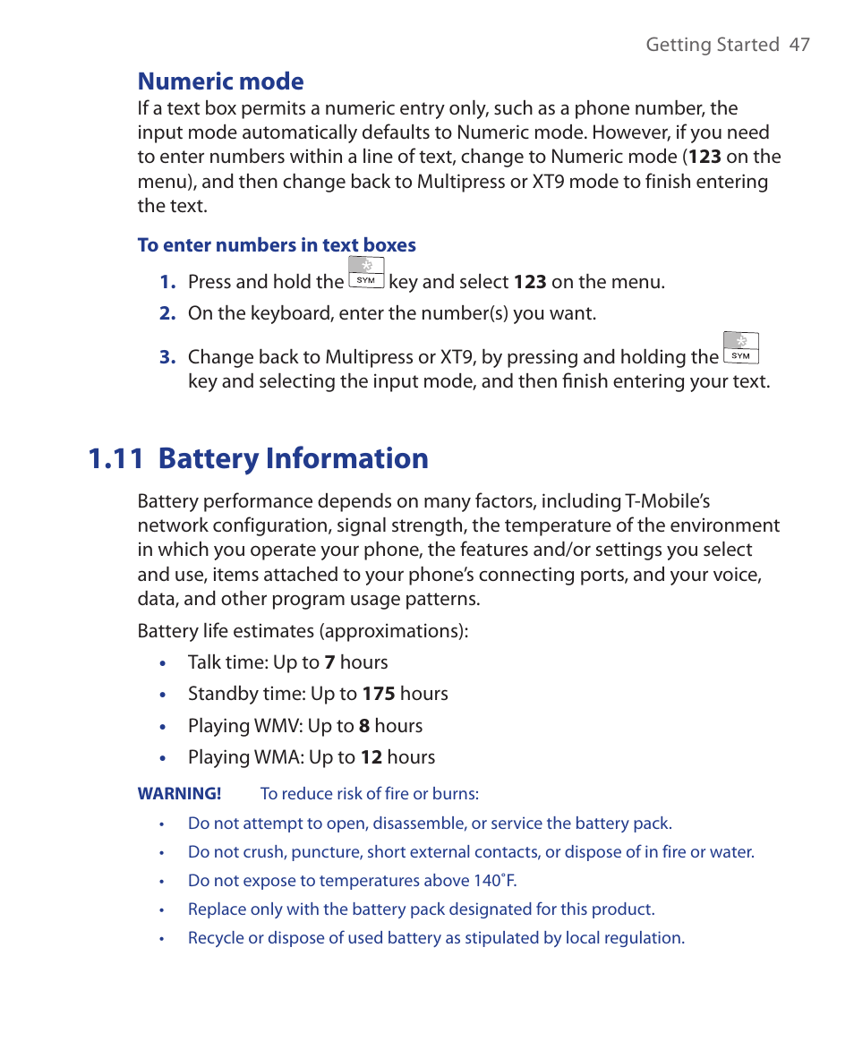 Numeric mode, 11 battery information | HTC KII0160 User Manual | Page 47 / 212