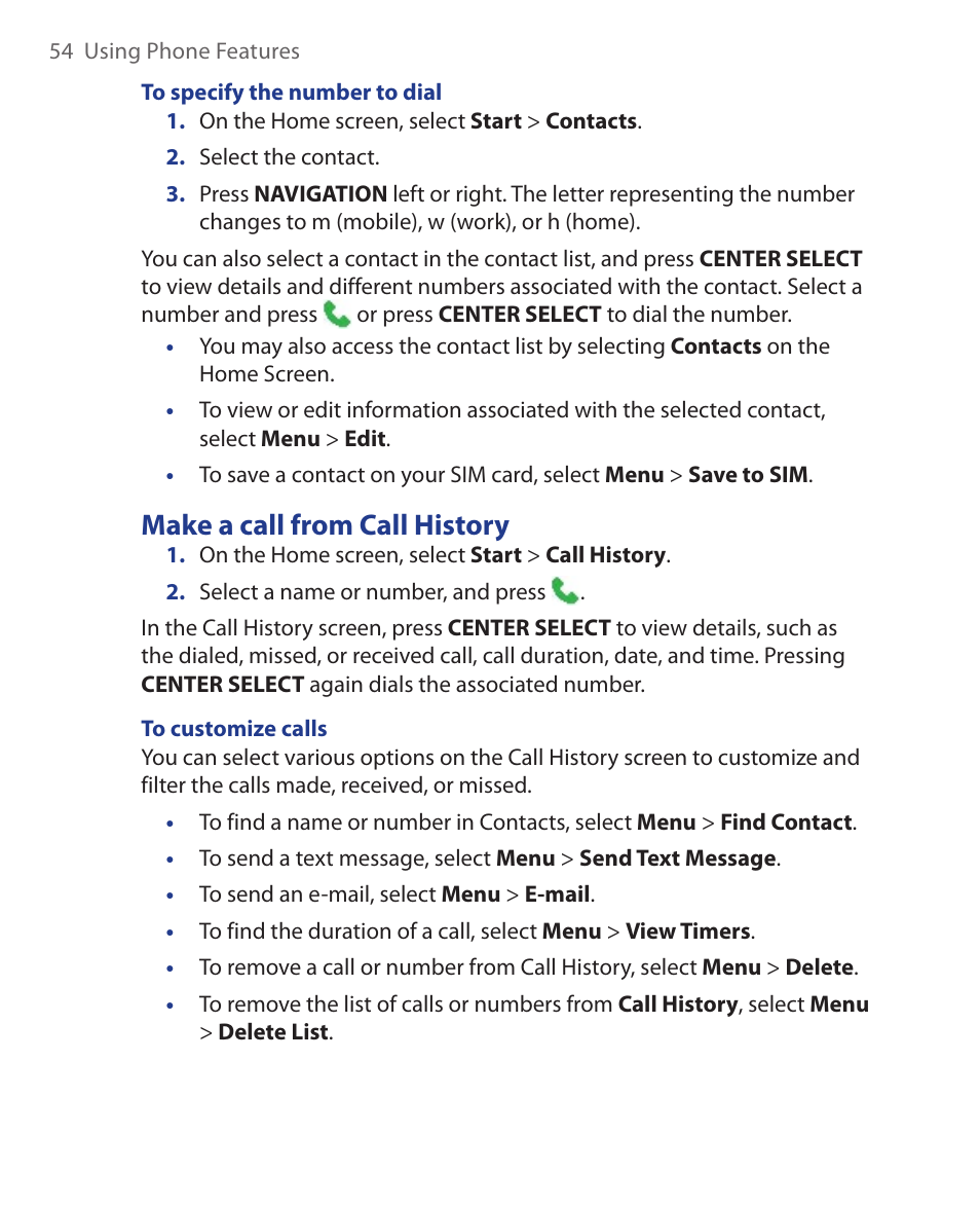 Make a call from call history | HTC KII0160 User Manual | Page 54 / 212