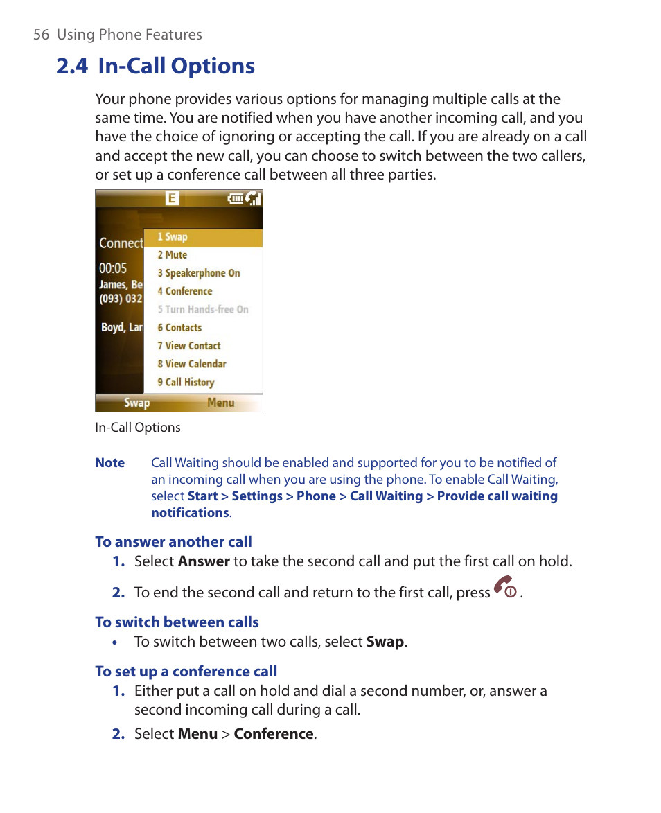 4 in-call options | HTC KII0160 User Manual | Page 56 / 212