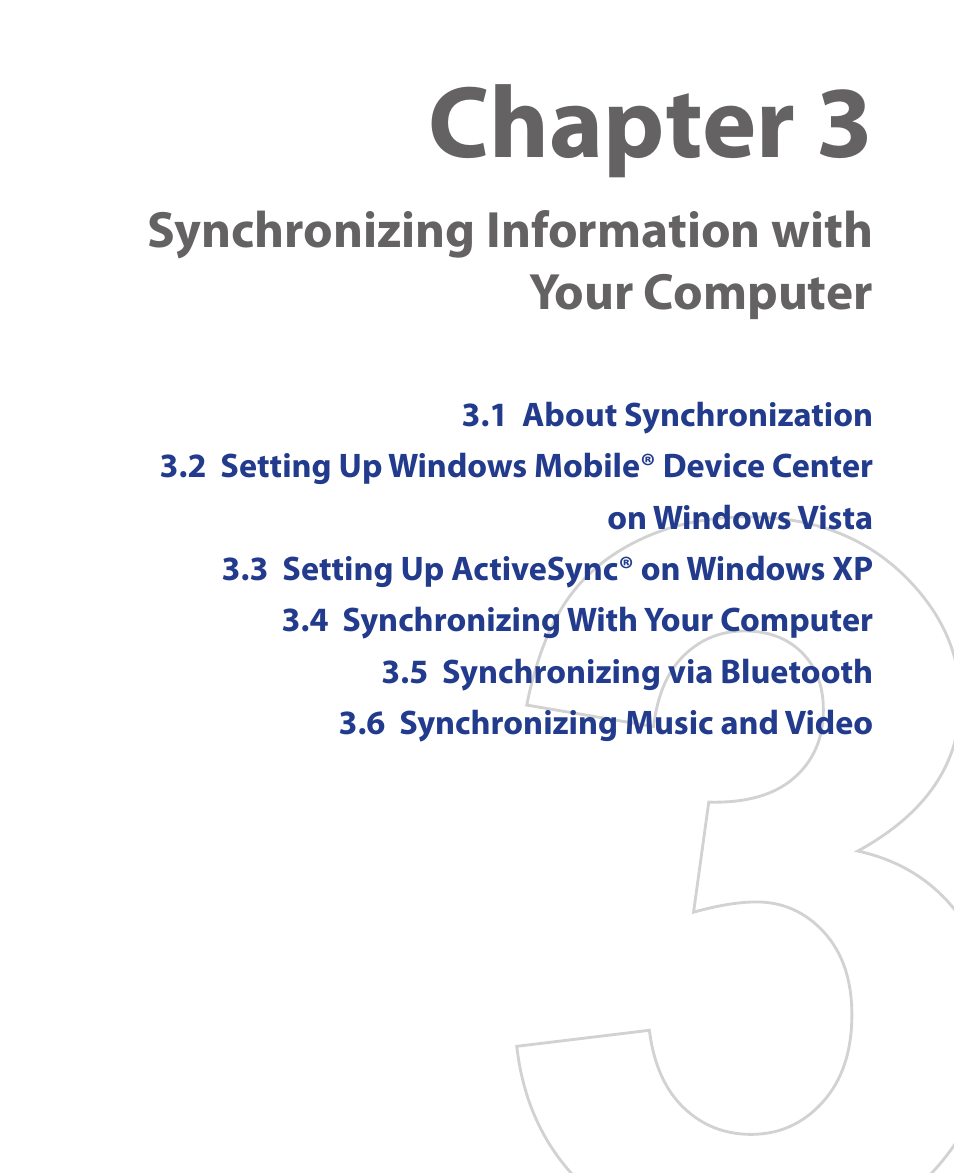 Chapter 3, Synchronizing information with your computer | HTC KII0160 User Manual | Page 59 / 212