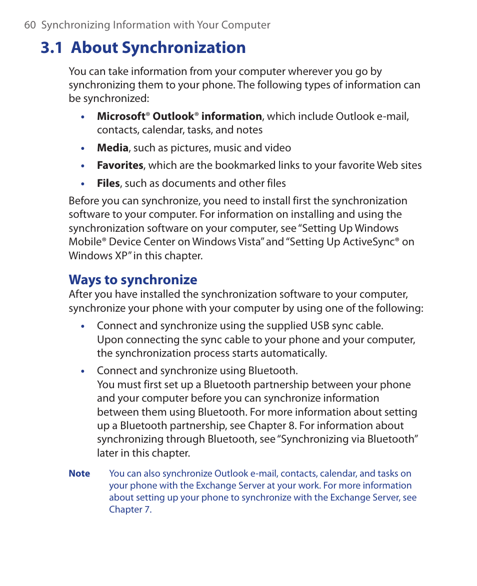 1 about synchronization, Ways to synchronize | HTC KII0160 User Manual | Page 60 / 212