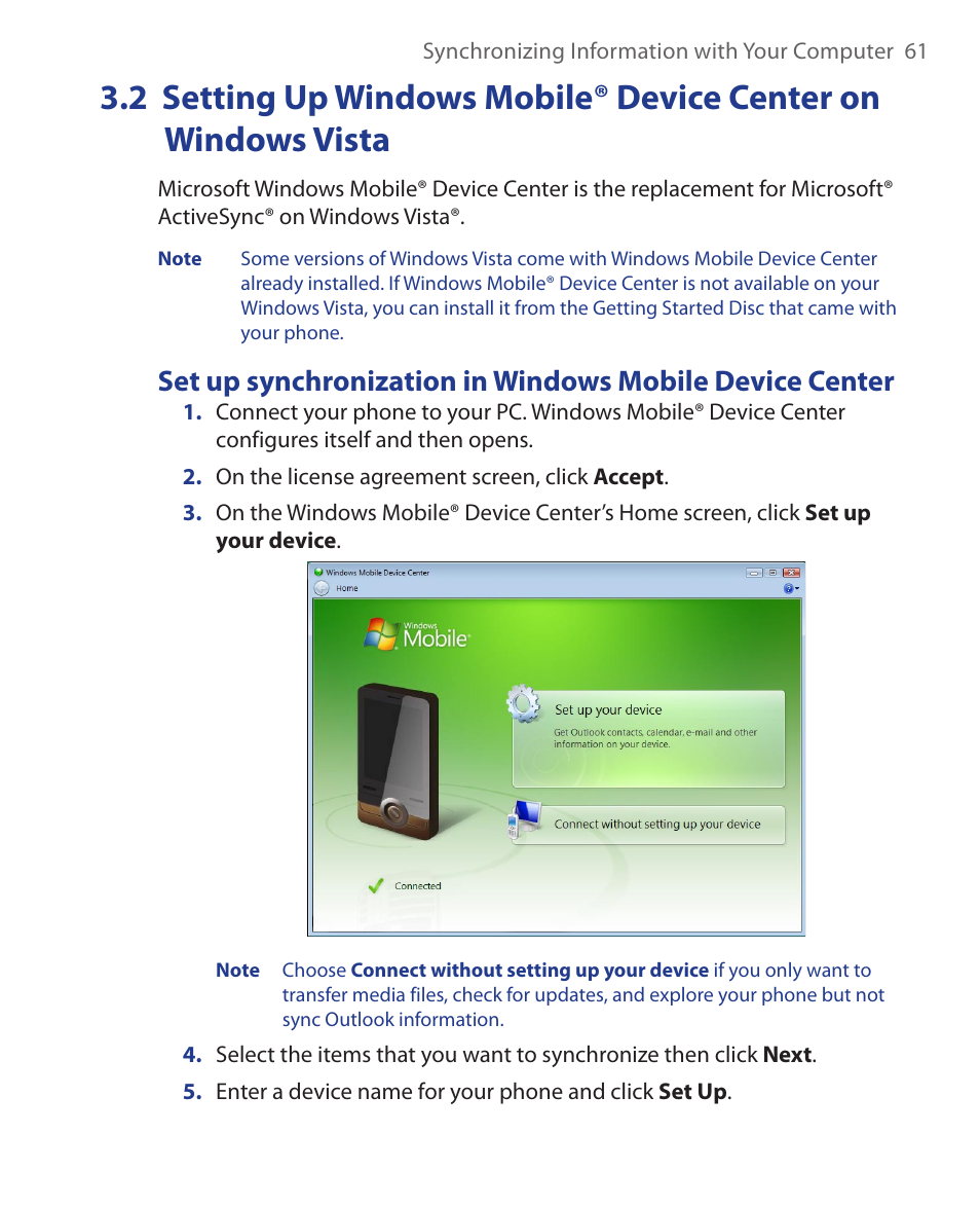 2 setting up windows mobile® device center, On windows vista | HTC KII0160 User Manual | Page 61 / 212