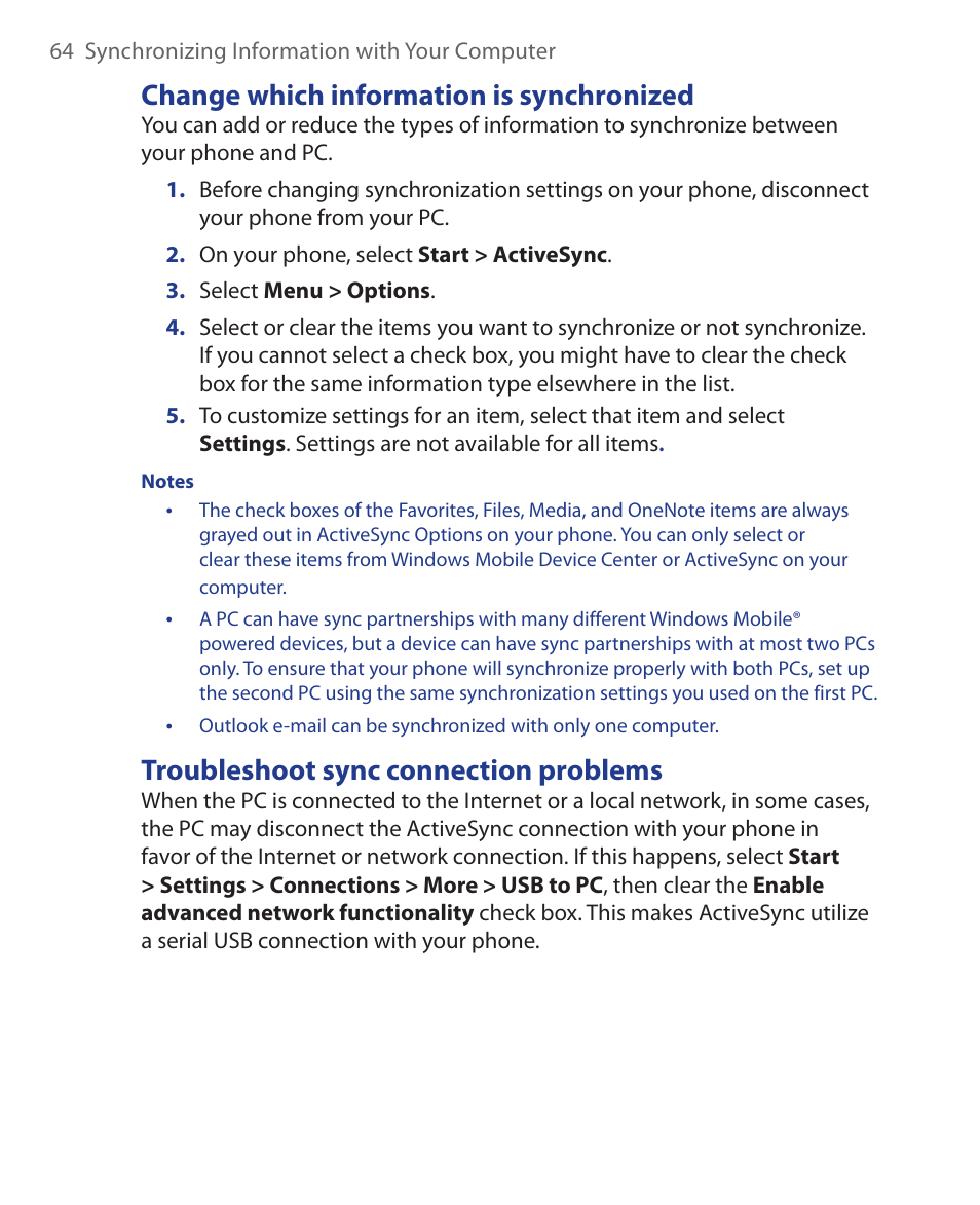 Change which information is synchronized, Troubleshoot sync connection problems | HTC KII0160 User Manual | Page 64 / 212