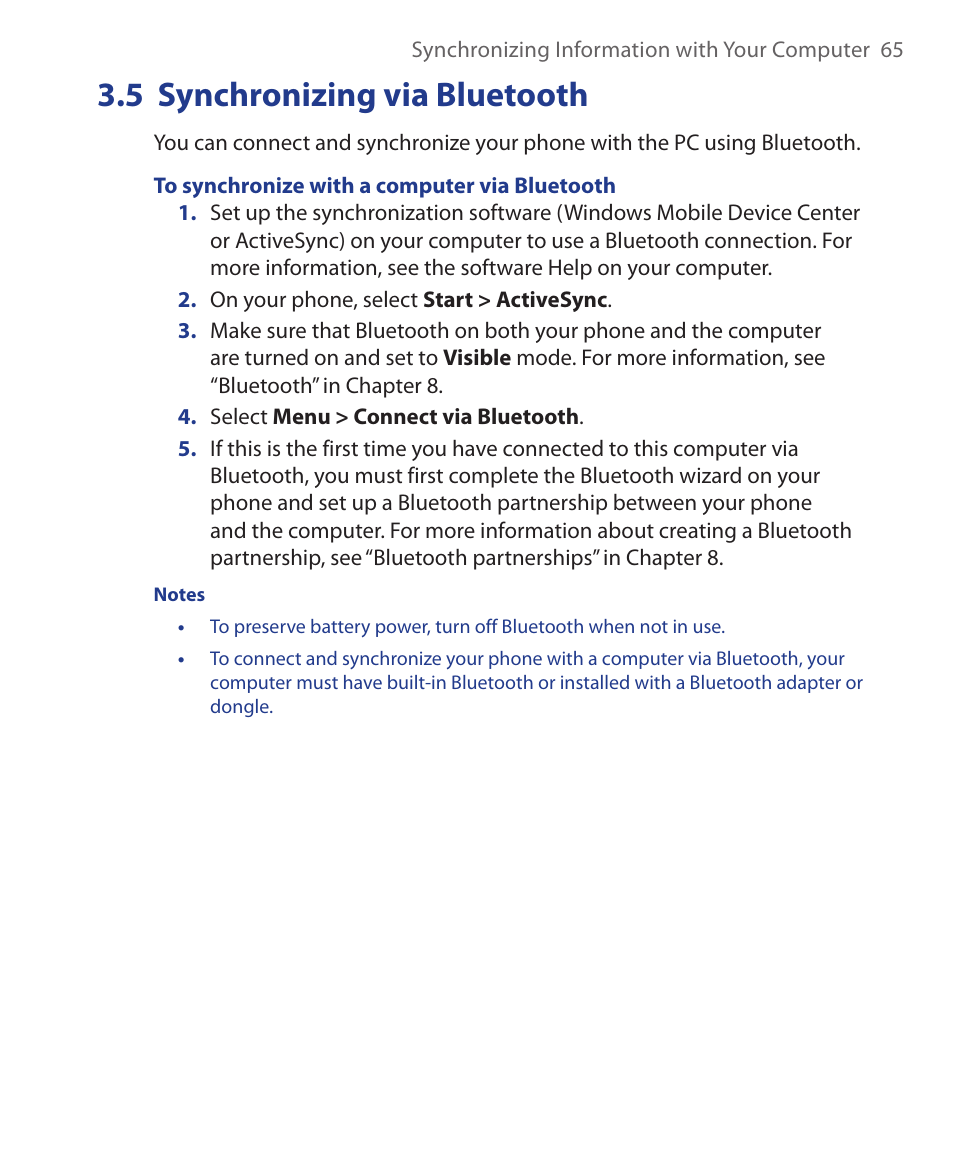 5 synchronizing via bluetooth | HTC KII0160 User Manual | Page 65 / 212
