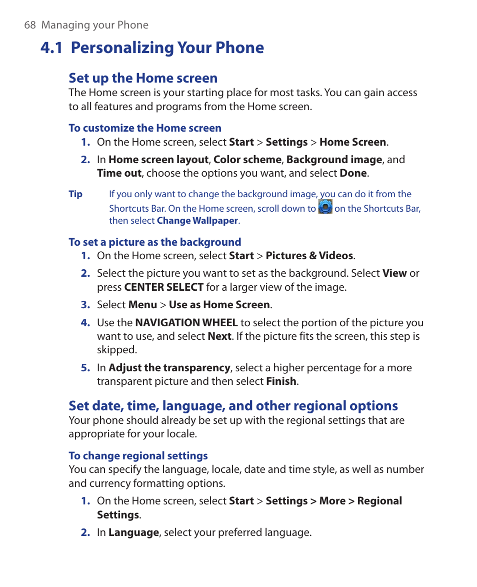 1 personalizing your phone, Set up the home screen | HTC KII0160 User Manual | Page 68 / 212
