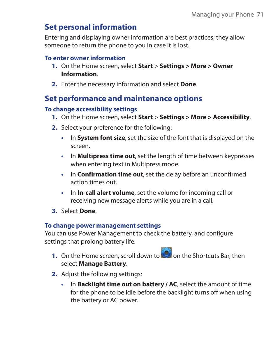Set personal information, Set performance and maintenance options | HTC KII0160 User Manual | Page 71 / 212