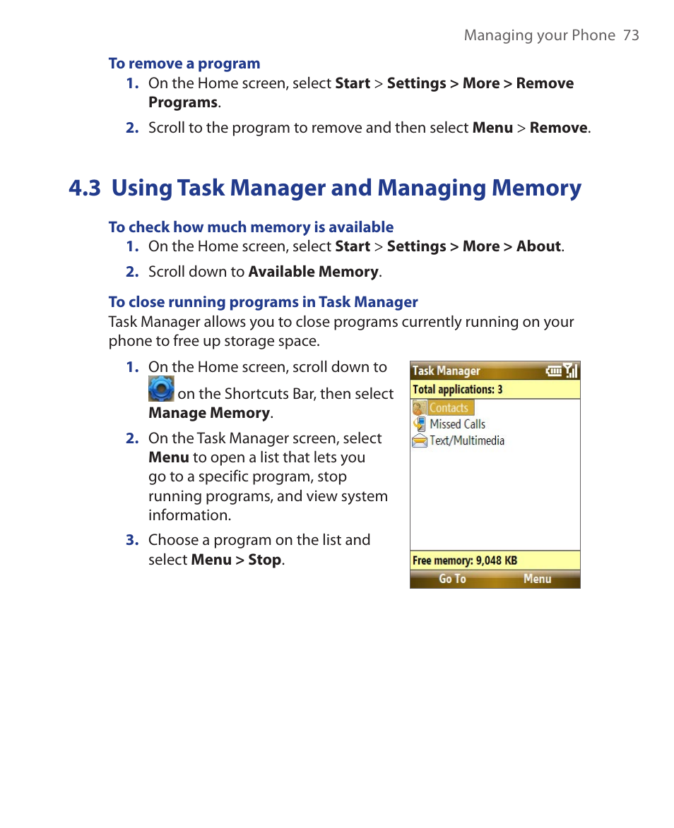 3 using task manager and managing memory | HTC KII0160 User Manual | Page 73 / 212
