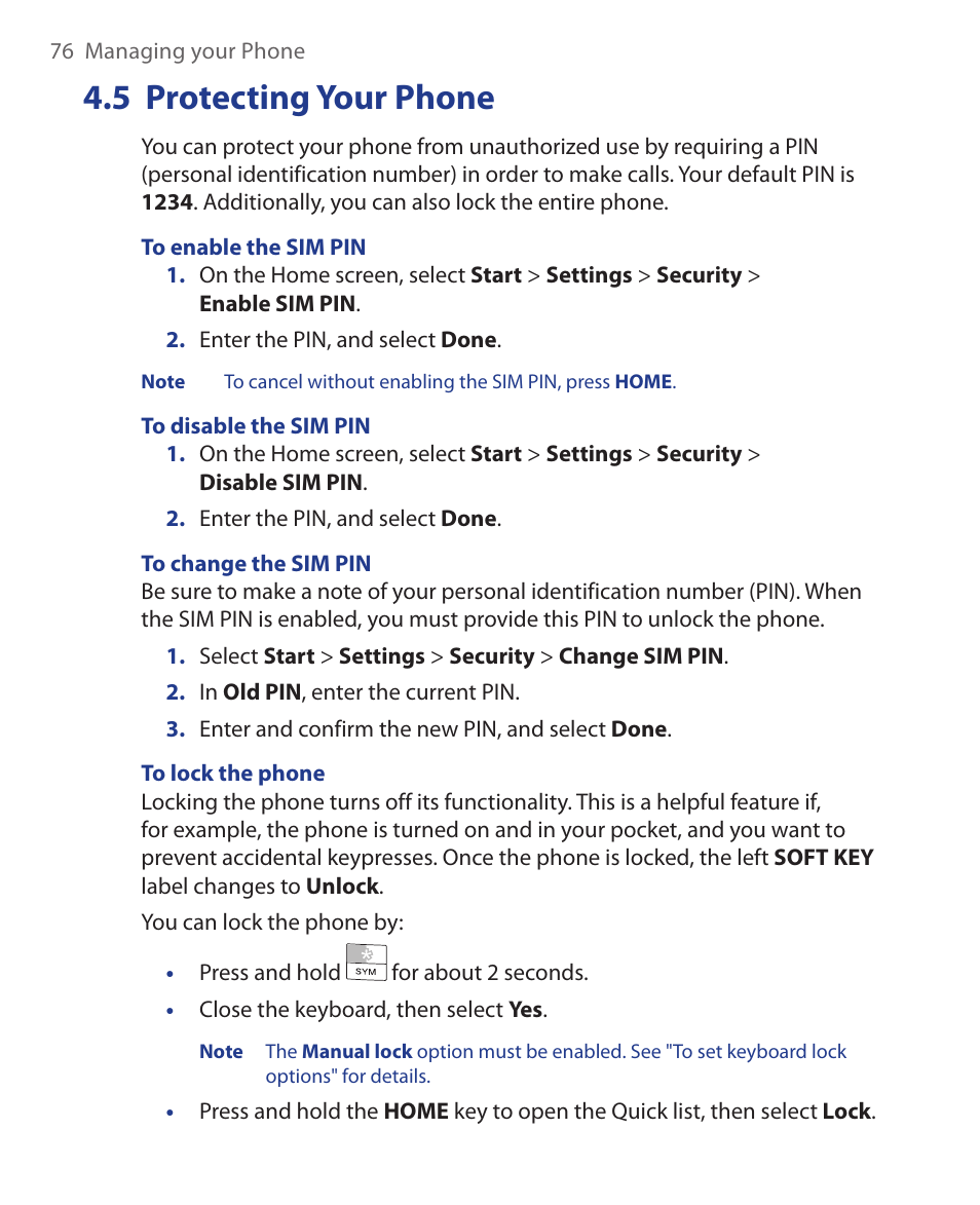 5 protecting your phone | HTC KII0160 User Manual | Page 76 / 212