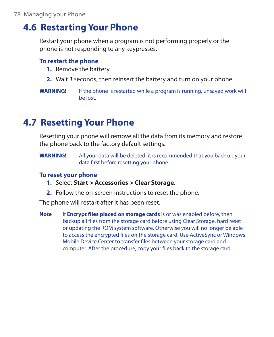 6 restarting your phone, 7 resetting your phone, 6 restarting your phone 4.7 resetting your phone | HTC KII0160 User Manual | Page 78 / 212