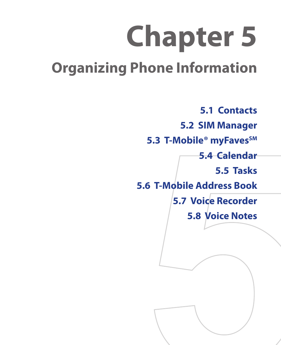 Chapter 5 organizing phone information, Chapter 5, Organizing phone information | HTC KII0160 User Manual | Page 81 / 212