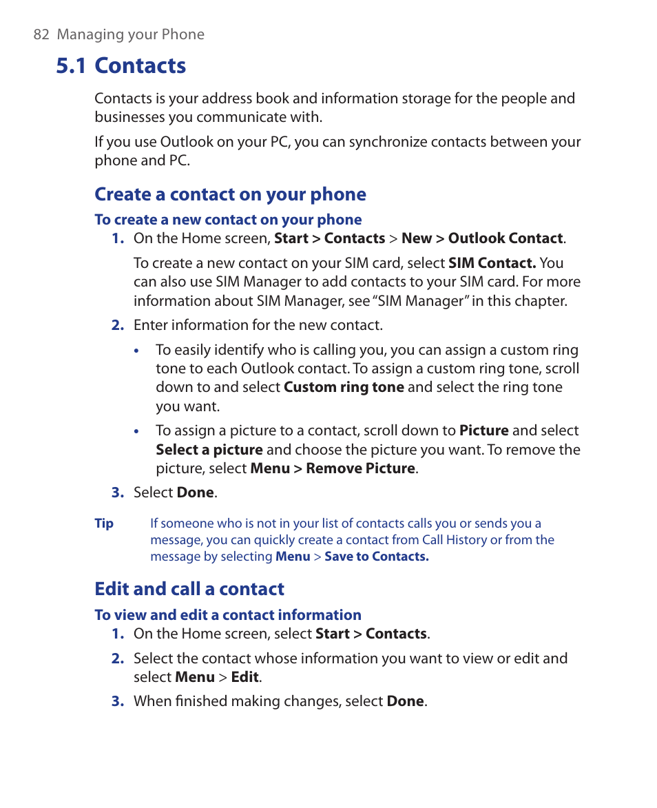 1 contacts, Create a contact on your phone, Edit and call a contact | HTC KII0160 User Manual | Page 82 / 212