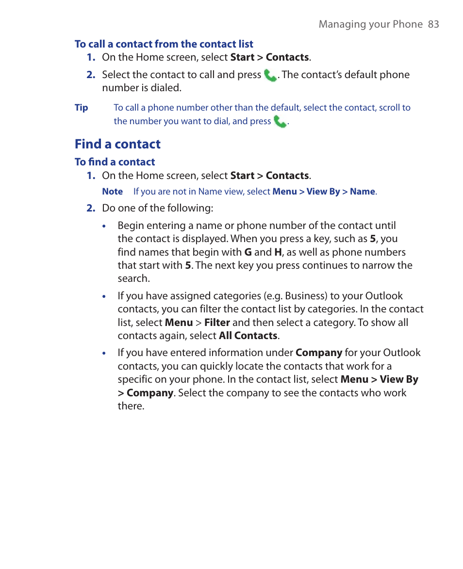 Find a contact | HTC KII0160 User Manual | Page 83 / 212