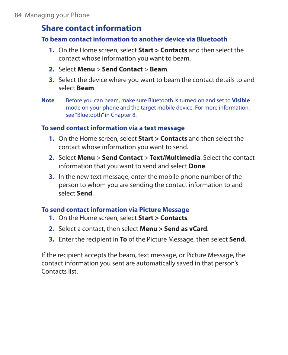 Share contact information | HTC KII0160 User Manual | Page 84 / 212
