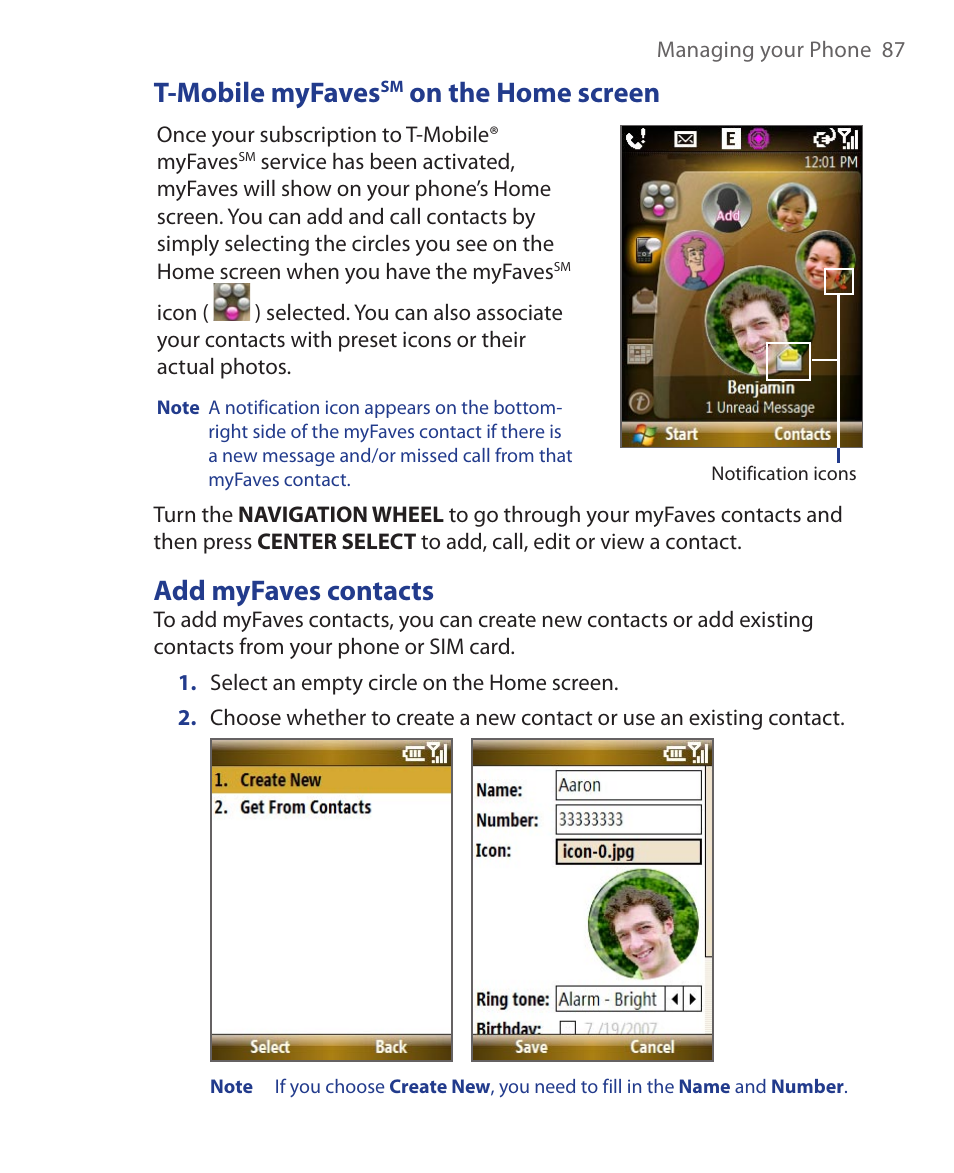 T-mobile myfavessm on the home screen, Add myfaves contacts, T-mobile myfaves | On the home screen | HTC KII0160 User Manual | Page 87 / 212