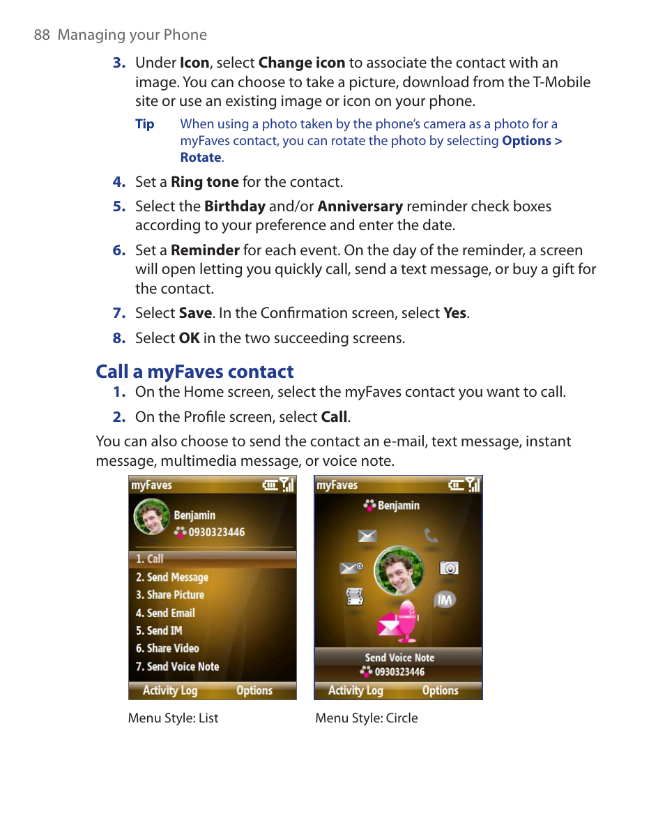 Call a myfaves contact | HTC KII0160 User Manual | Page 88 / 212