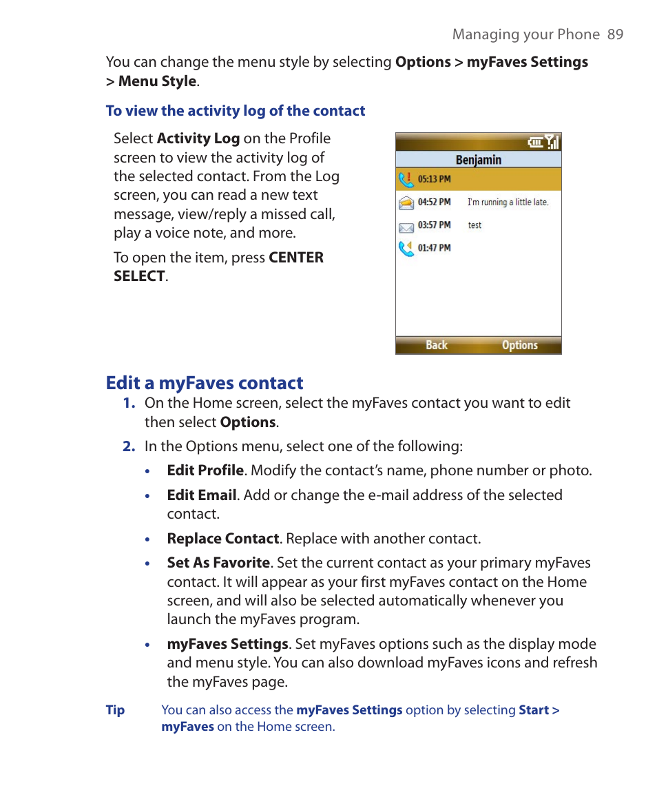 Edit a myfaves contact | HTC KII0160 User Manual | Page 89 / 212