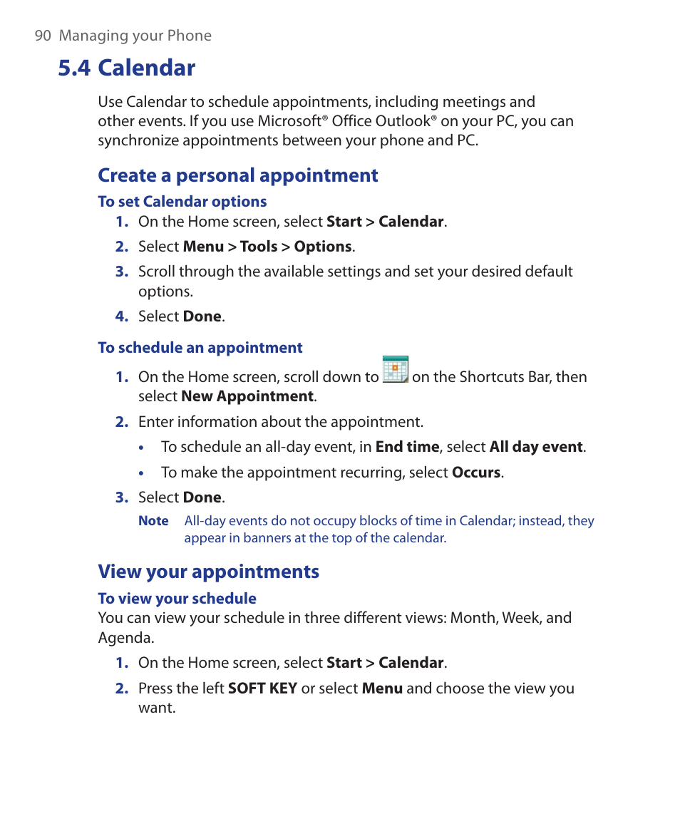 4 calendar, Create a personal appointment, View your appointments | HTC KII0160 User Manual | Page 90 / 212